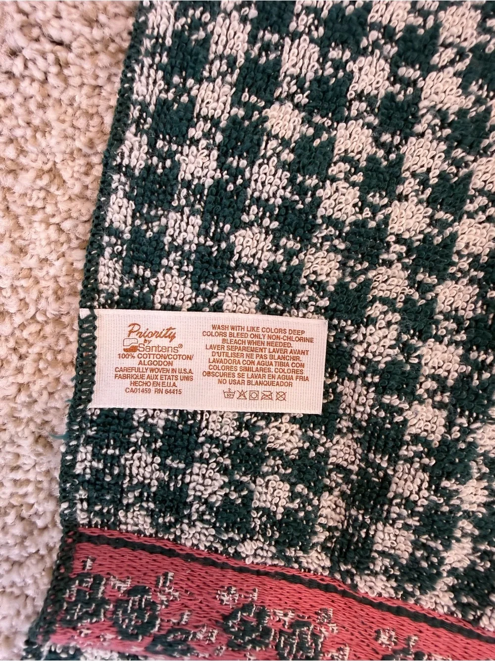 Vintage Priority by Santens 3 Pc Towel Set Rose Floral Houndstooth 80’s